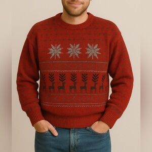 Vintage Christmas Wool Sweater Reindeer Fair Isle Red Snowflake Ski Knit holiday